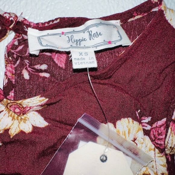 Hippie Rose Womens Floral Print Cold Shoulder Blouse Burgundy XS NWT - Picture 6 of 11
